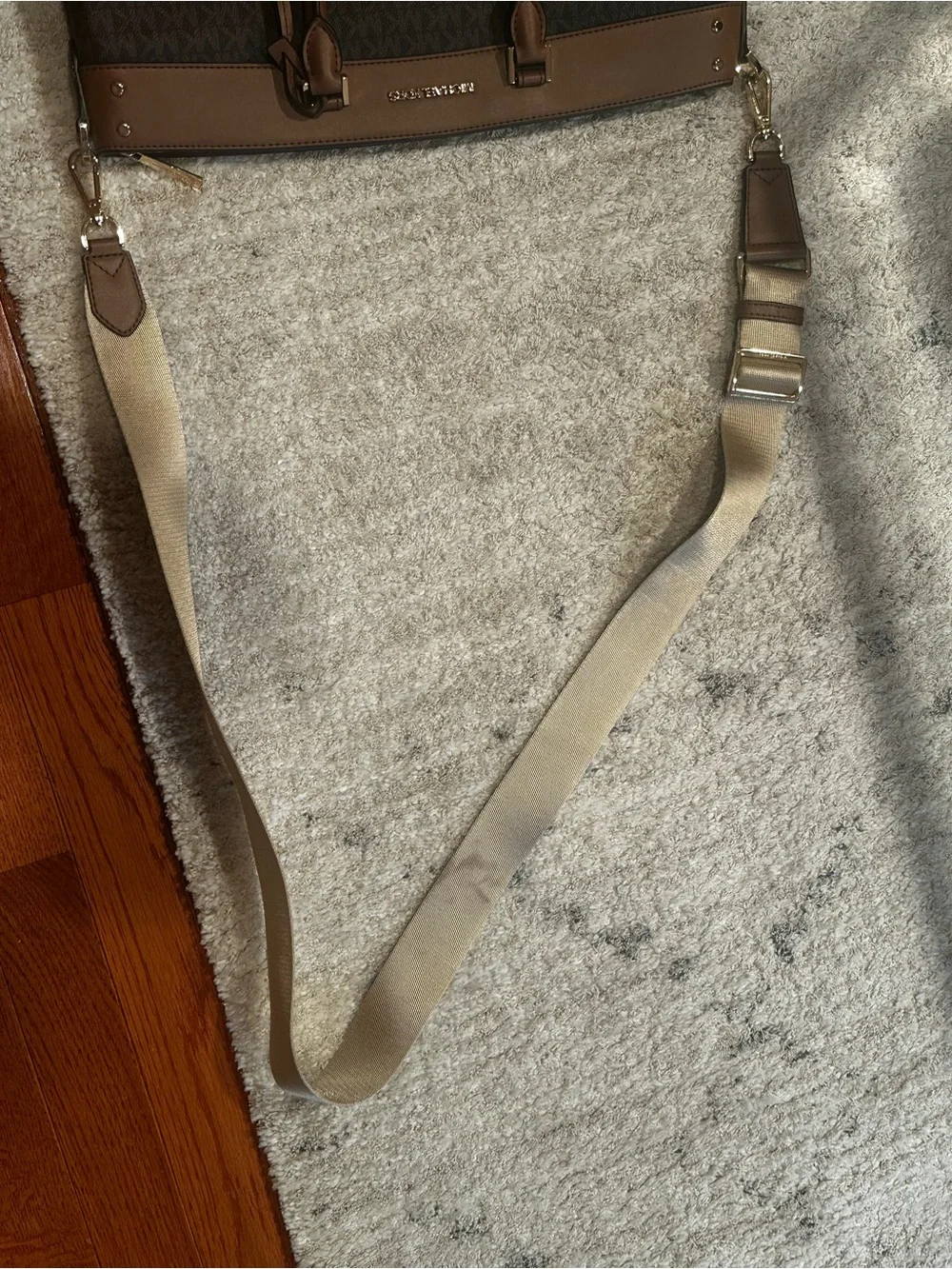 Michael Kors Gold Logo & Brown Leather Messenger with Beige Strap